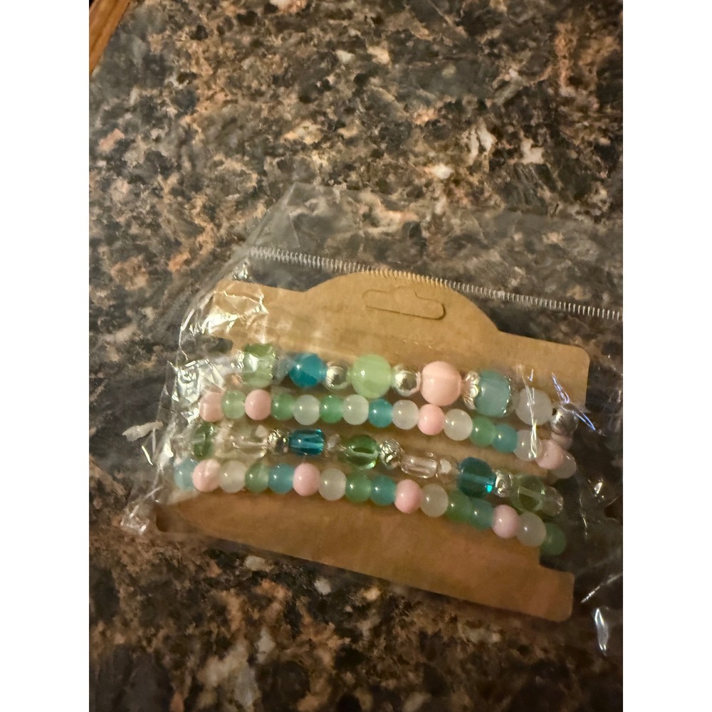 4pc Pastel Beaded Stretch Bracelet Set Tree of Life Charm Pink Green Blue Silver
